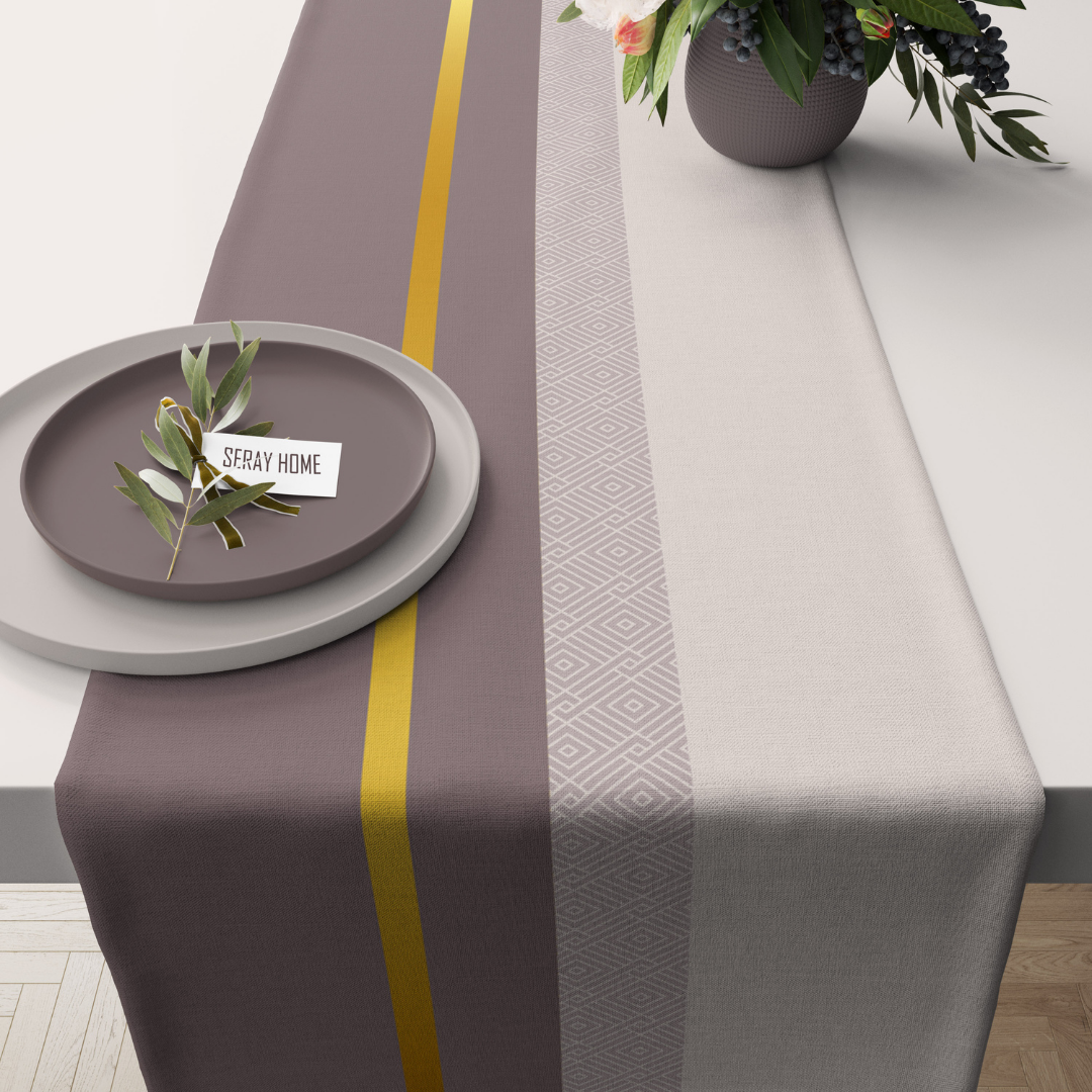 Geometrik Bordürlü Gold Vizon Bej Kadife Runner 45x150 cm