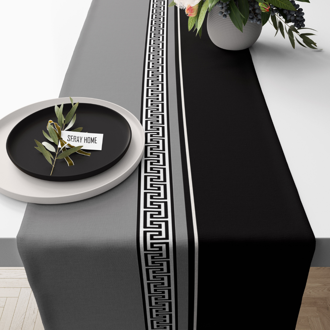 Geometrik Bordürlü Gri Siyah Kadife Runner 45x150 cm