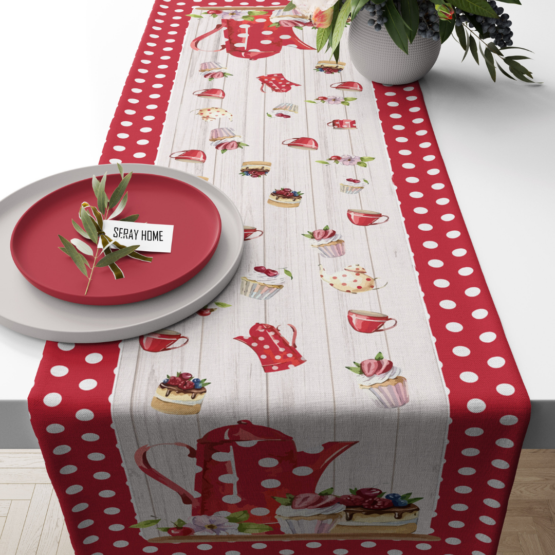 Kırmızı Puantiye Tatlı Kahvaltı Neşeli Runner 43x150 cm