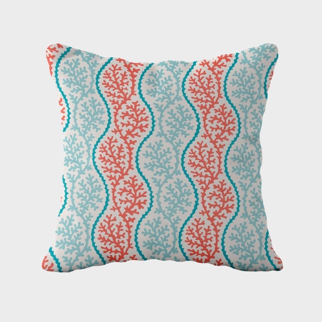 Marin Coral Turkuaz Mercan Çift Tarafı Desenli Kırlent Kılıfı 43x43 cm