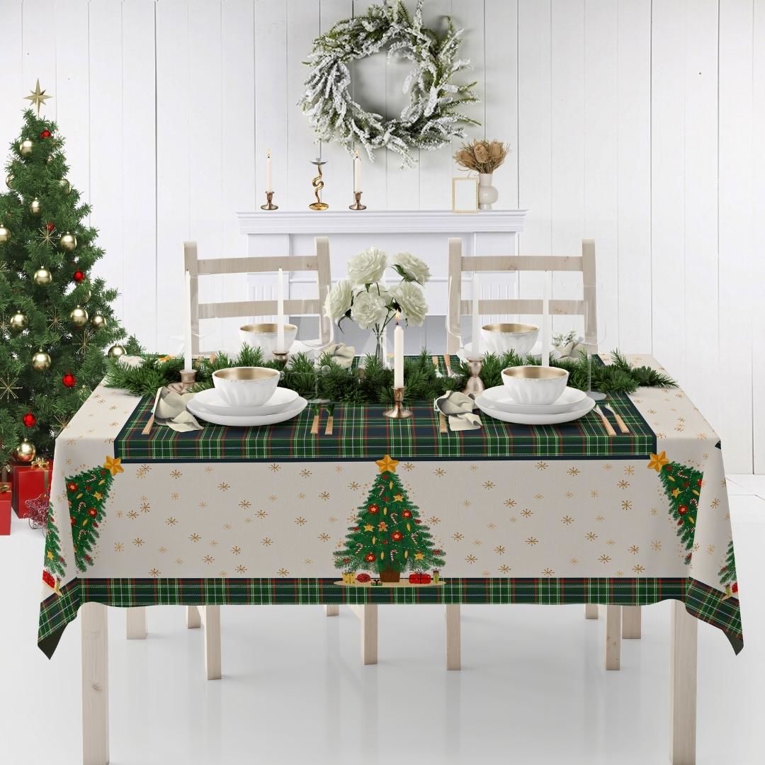 Yılbaşı Christmas Çam Ağaçlı Ekoseli 140x200 cm Masa Örtüsü