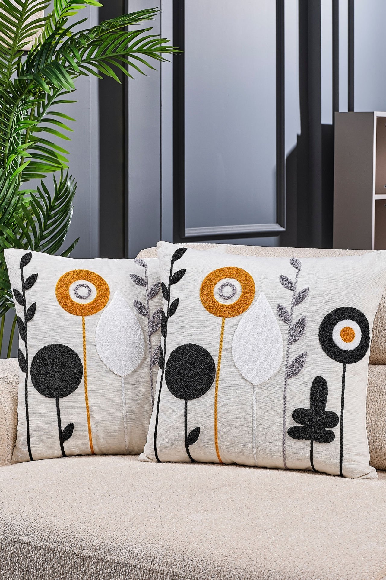 Bohem Özel 2 \' li Set Tasarım Punch Panç Nakış Pollen 44x44 cm Kırlent Kılıfı