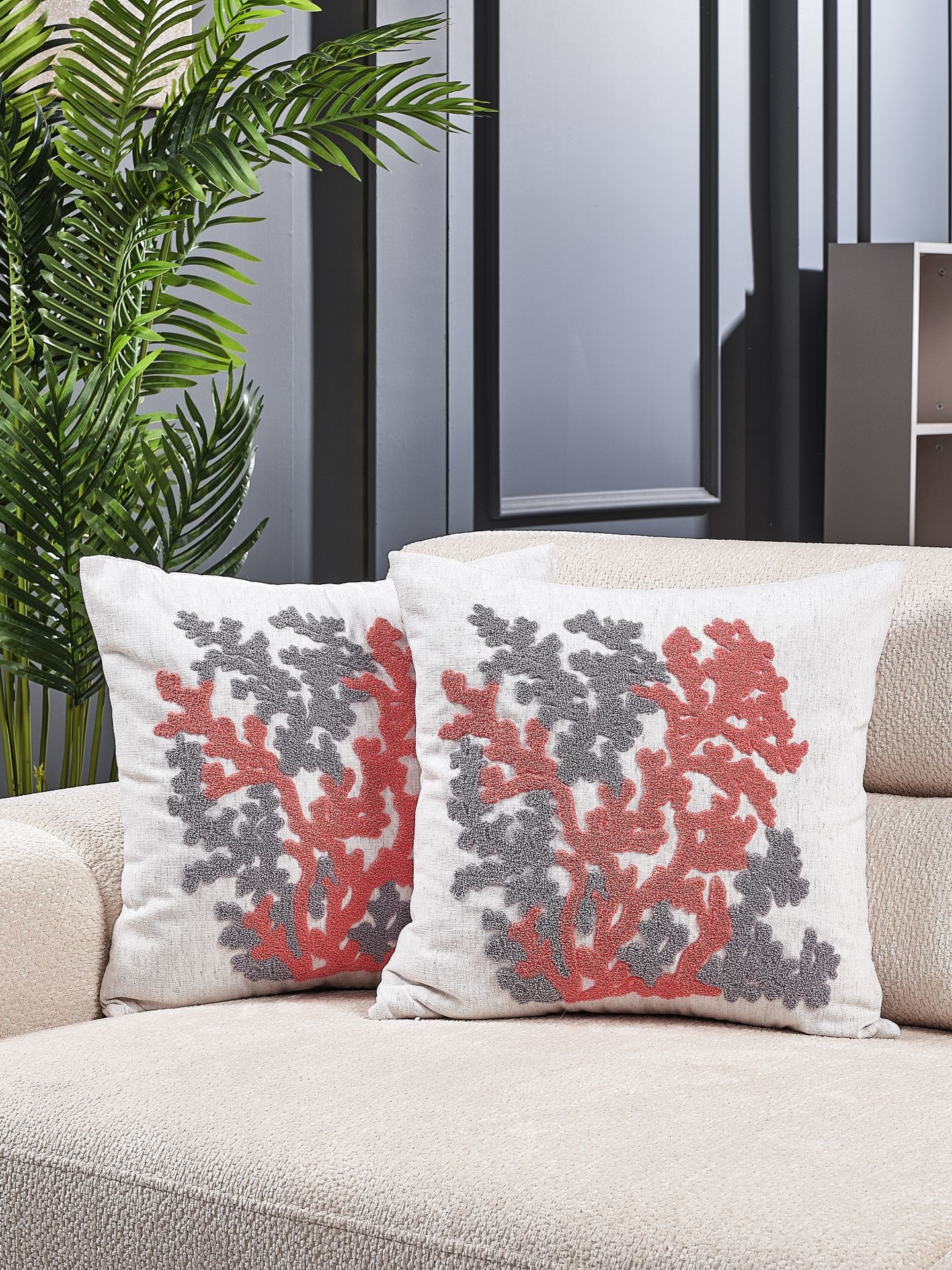 Marin Mercan Desenli 2 \' li Set Özel Tasarım Punch Panç Nakış 44x44 cm Keten Kırlent Kılıfı Pembe Gri