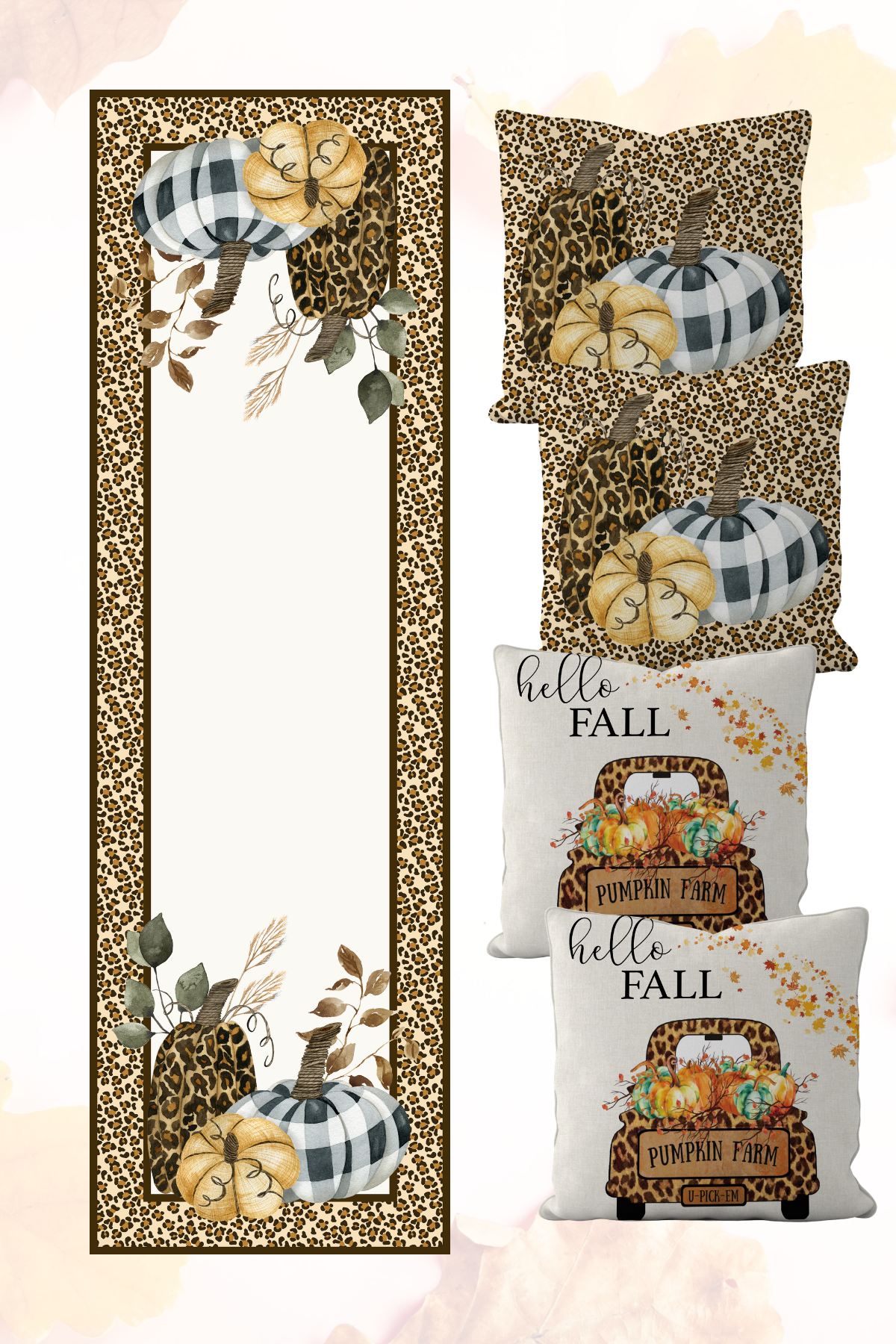 Sonbahar Balkabağı Temalı Leopar Runner ve Kırlent Kılıfı 5 li Set
