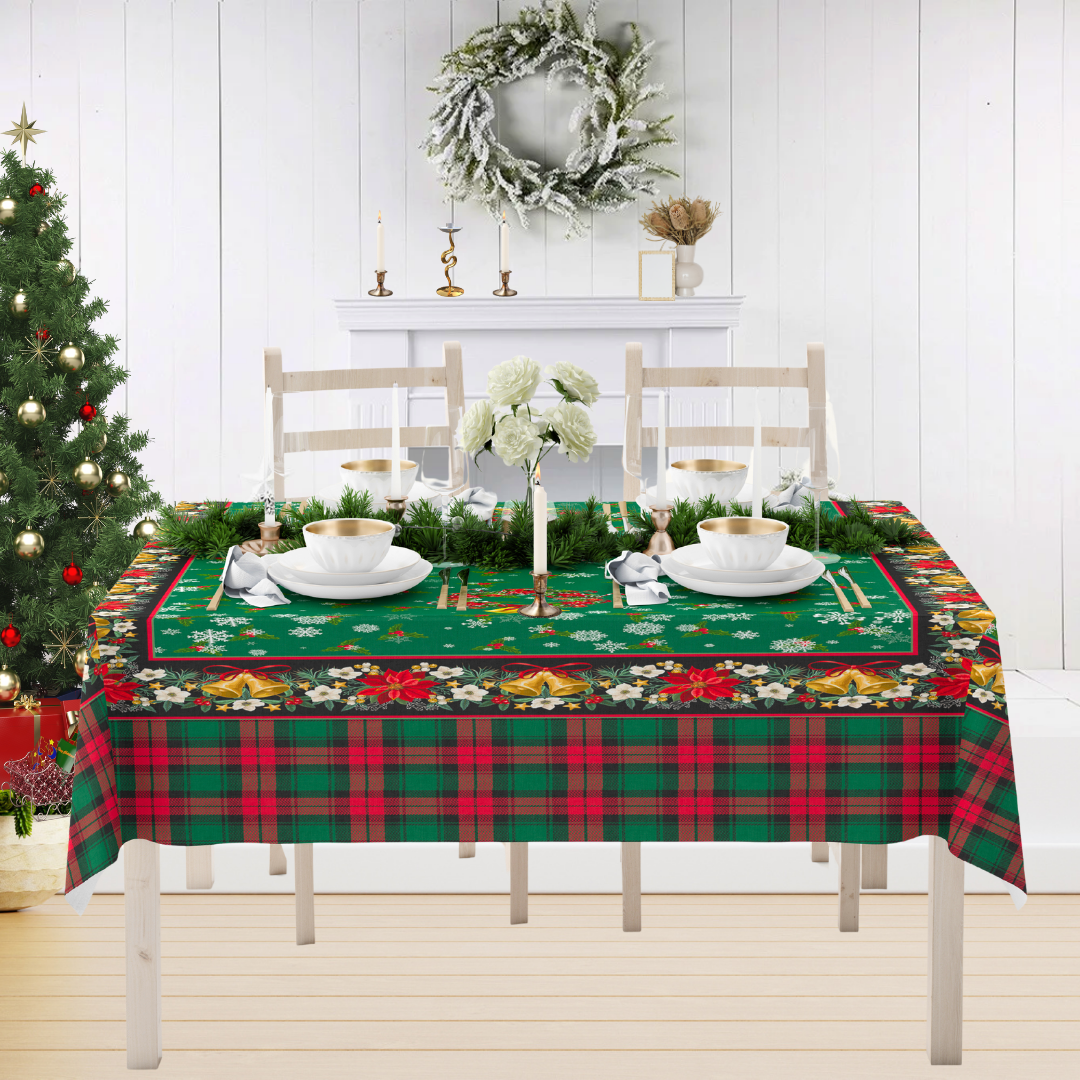 Yılbaşı Christmas Çiçekli Çanlı Şekerli 140x200 cm Yeşil Masa Örtüsü
