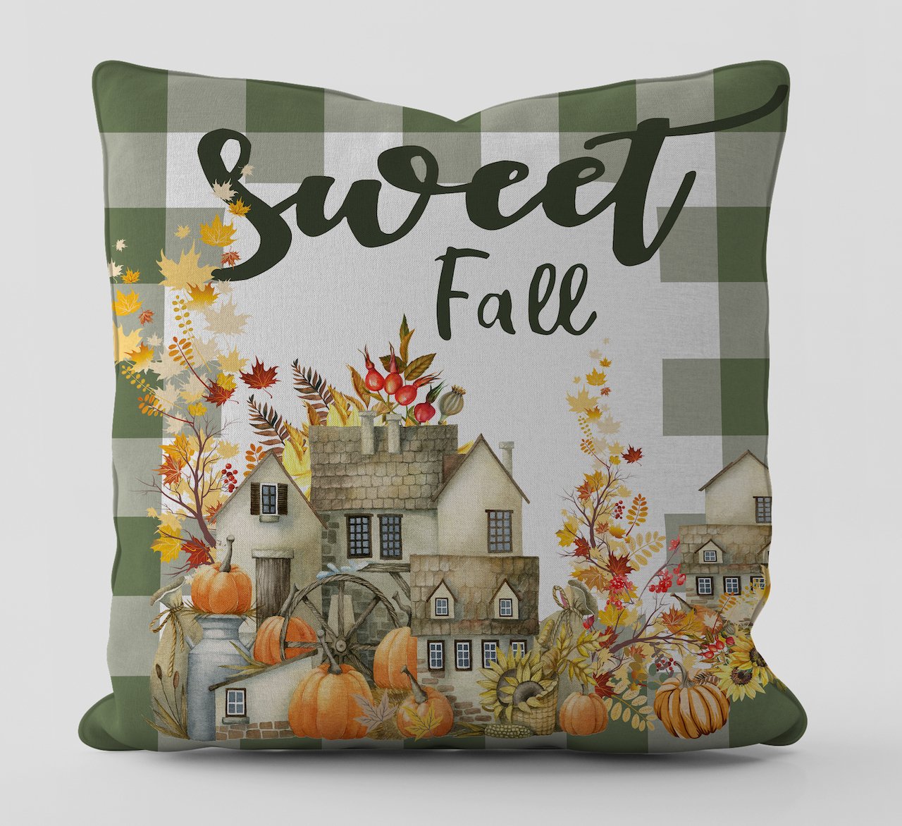 Fall Yeşil Ekose Watercolor Hause Kırlent Kılıfı