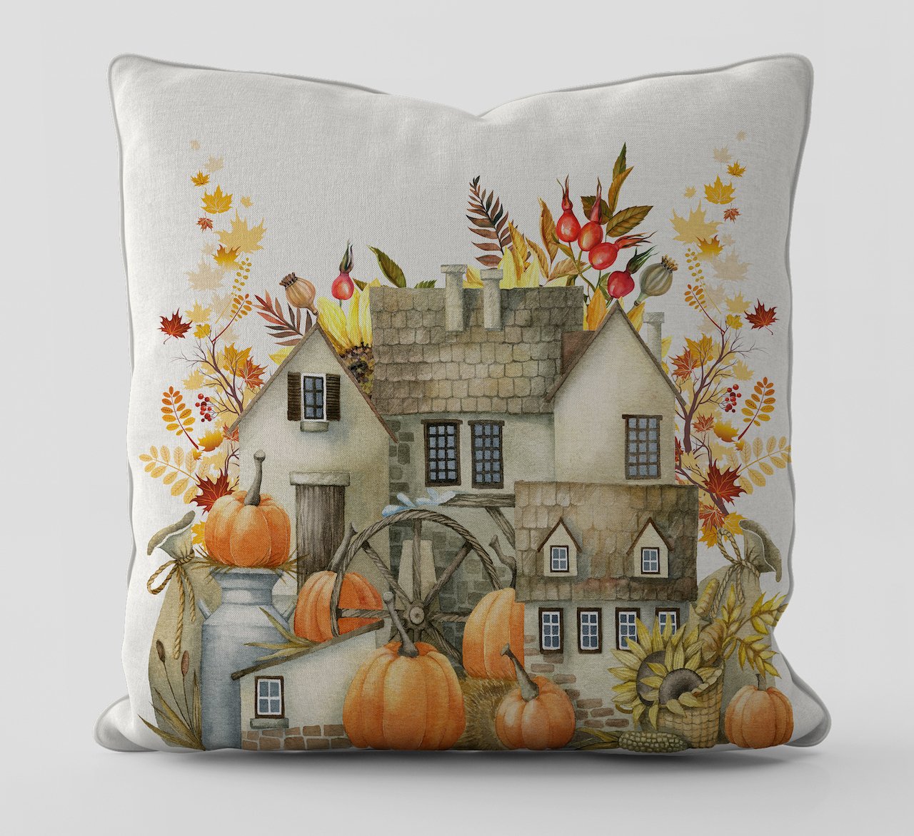 Fall Watercolor Hause Kırlent Kılıfı