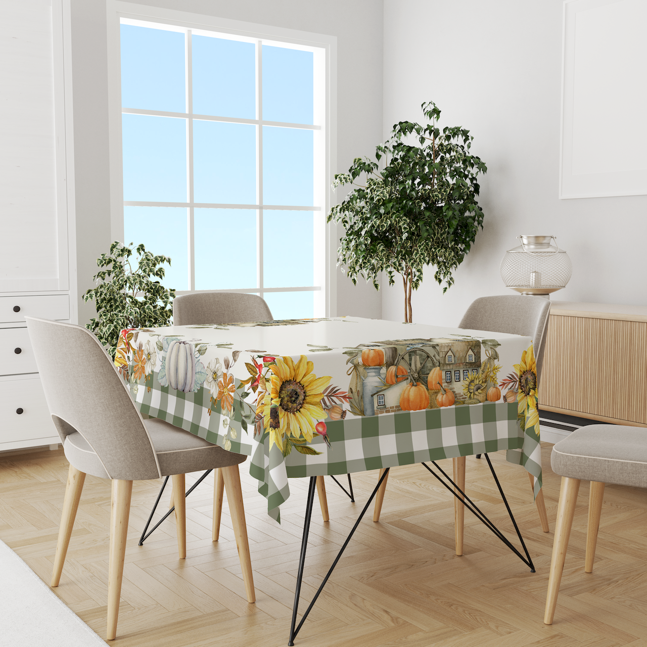 Fall Watercolor Hause Yeşil Ekose Masa Örtüsü