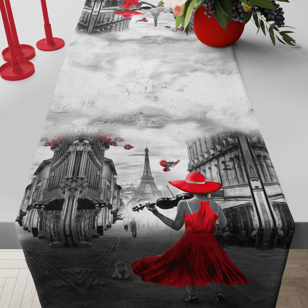 Sevgililer Günü Valentine's Day Dark Red Kemanlı Kadın Paris Temalı Runner