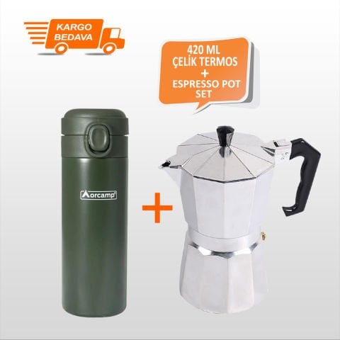Orcamp OUT-5150 420 ML Çelik Kamp Termos Mug + Nurgaz NG-EMM Espresso Mocha Pot