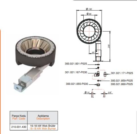 ⌀19 cm 16-18 KW Wok Süper Brülör Çift Yanış Nikel Kromlu Tüp&Doğalgaz