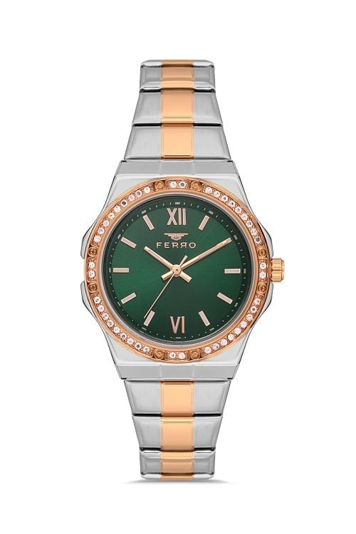 Ferro FL21358A-E6 Quartz Çelik Rose/Gri Yeşil Kadran 34 mm Kadın Kol Saati