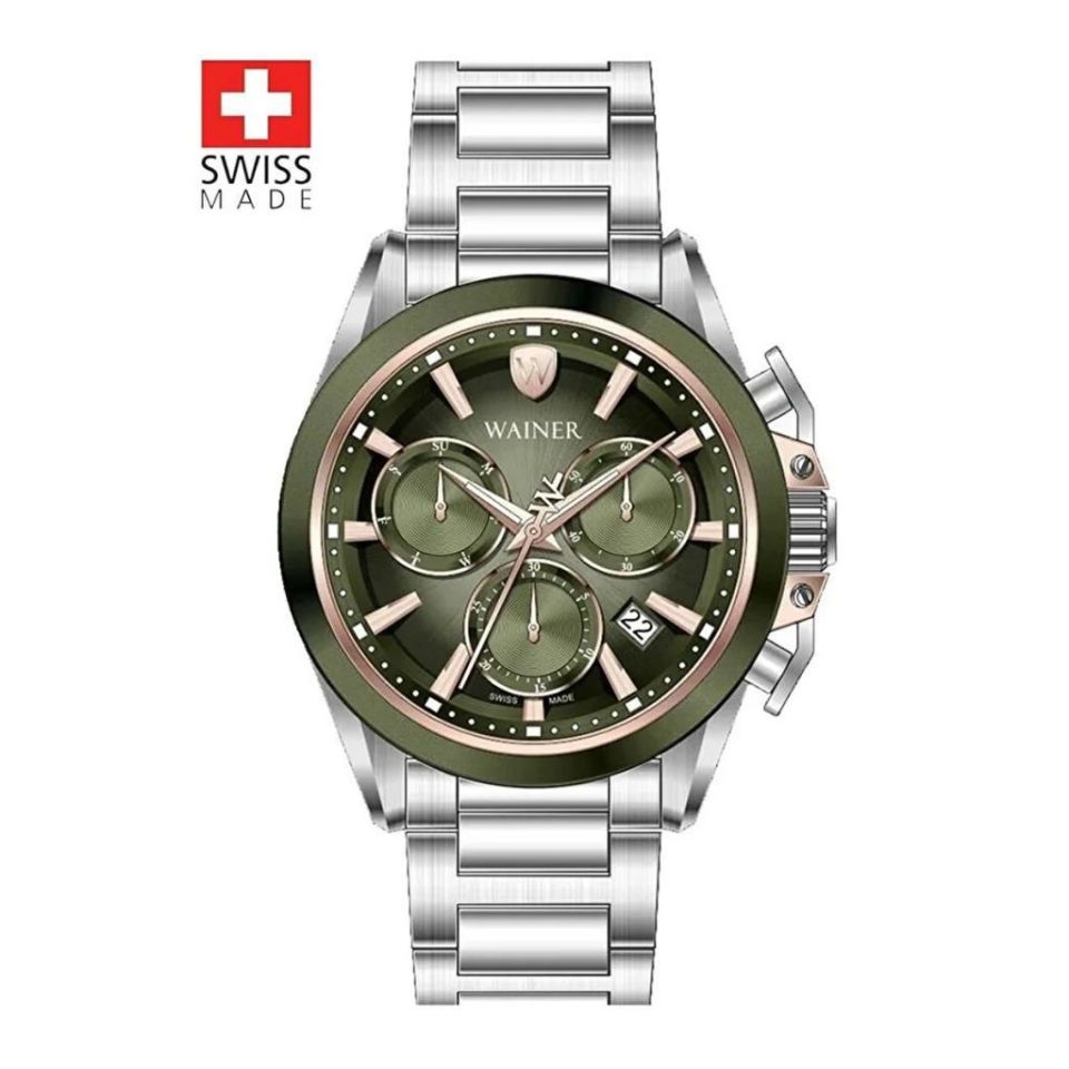 Wainer  WA.16100-A Swiss Made Quartz Çelik Gri Yeşil Kadran Safir Cam 10 ATM 44 mm Erkek Kol Saati