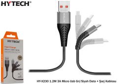 Hytech HY-X230 TELEFON ŞARJ CİHAZI 1.2M 3A 15W MİCRO USB DATA/ŞARJ KABLOSU GRİ/SİYAH