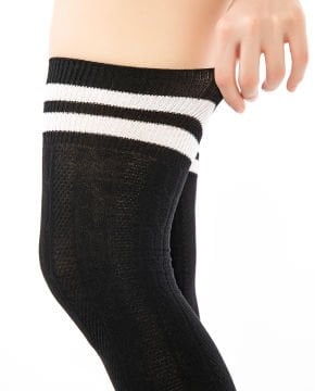 Siyah Saç Örgü Diz Üstü Çizgi Detaylı Çorap