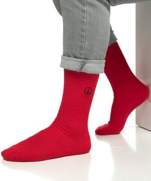 Barış Sembolü Nakışlı Kırmızı Erkek Soket Çorap