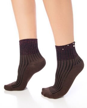 İnci Aksesuarlı Kahverengi Simli Soket Çorap