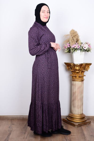Ferace 8926 Mor Kadın Rahat Kesim Büyük Beden Çıtır Desenli Kemer Detaylı Elbise