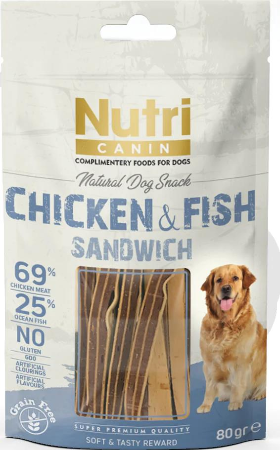 Chicken&Fish Sandwich Natural Dog Snack Grain Free Kurutulmuş Tavuk ve Balıklı Sandviç Tahılsız Köpek Ödülü 80 gr