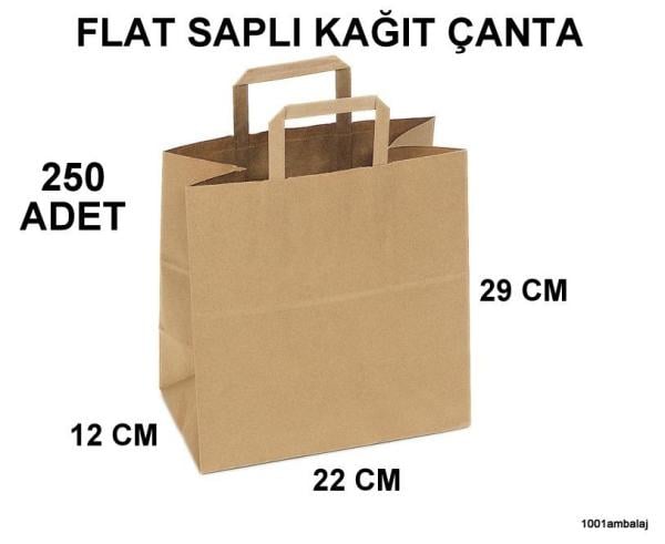 Kraft kağıt Çanta 22X12X29 Cm Kraft Renk Flat Sapli 80 Gram (1 Koli 250 Adet)