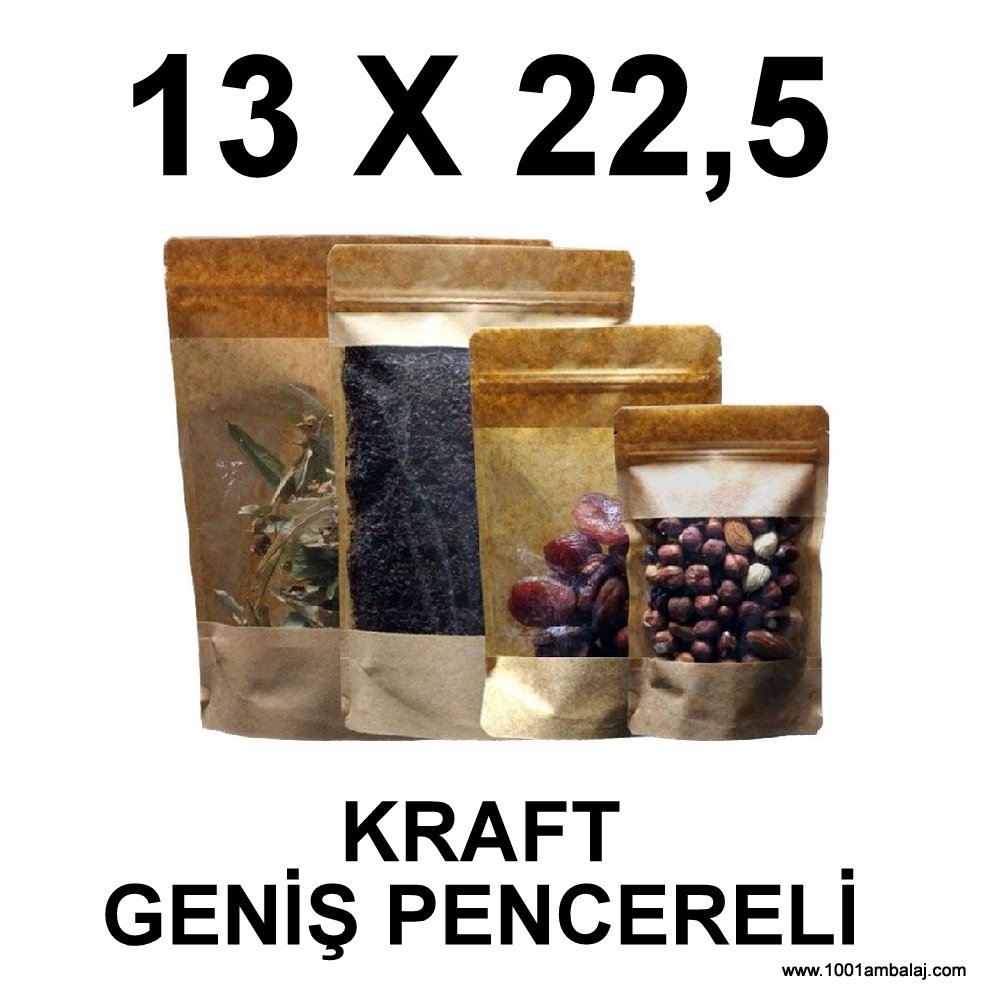 13X22,5 Cm Kraft Renk Doypack Torba Geniş Pencereli /45/