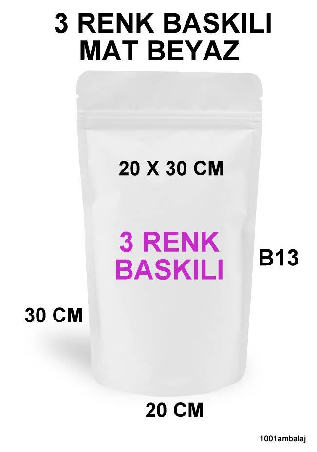 20X30 Cm 3 Baskılı Mat Beyaz Renk Tek Taraf Üç Renk Doypack Torba 1000 Gr /19/