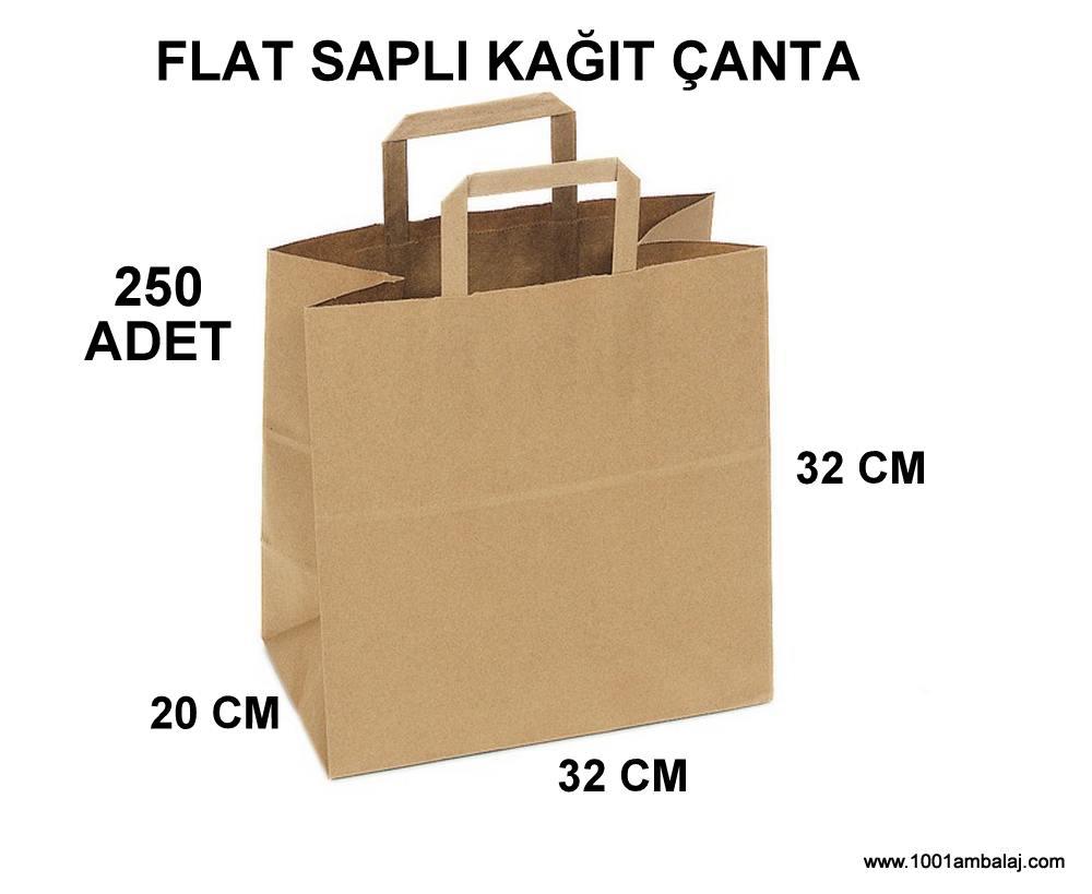 Kraft Çanta 32X20X32 Cm Dişi Kraft İçi Kraft Sapi Kraft Flat 80 Gram (1 Koli 250 Adet)