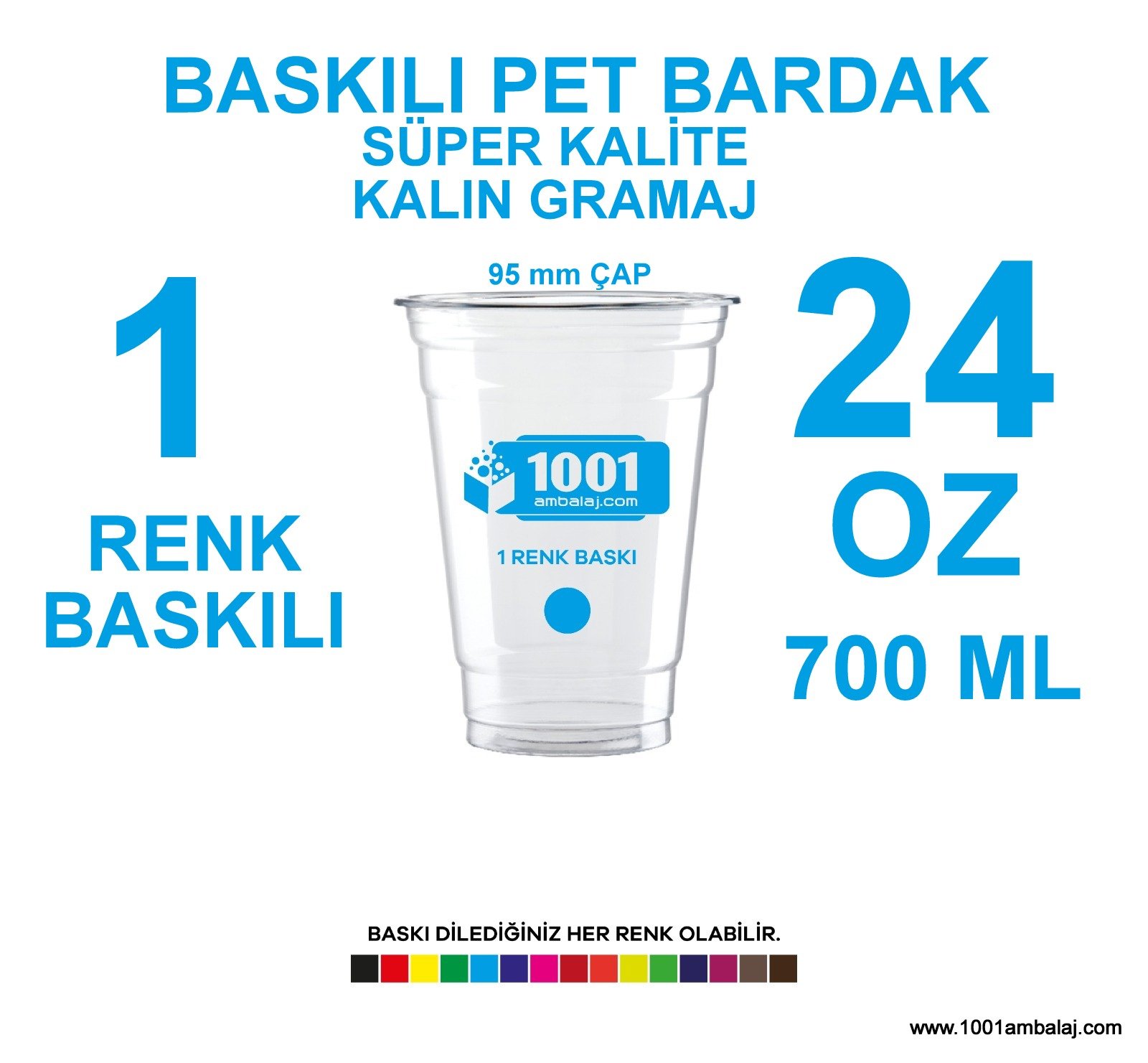 1 Renk Baskılı Pet Bardak 700 Ml 95 Çap Pet Bardak 24 Oz Ağır Gramaj