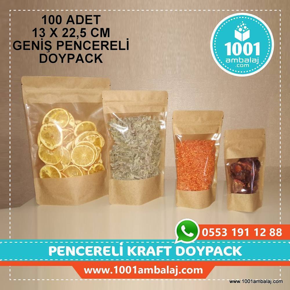 13X22,5 Cm Kraft Geniş Pencereli 100 Adet Kilitli Doypack Torba 250 Gr /45/