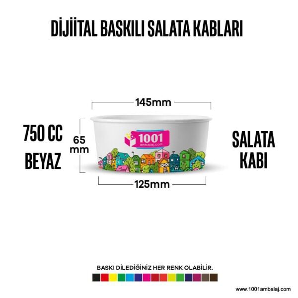 Dijital Baskılı 750 Cc Karton Salata kabı Beyaz