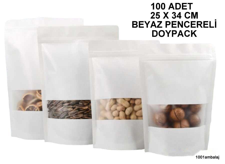 25X34 Cm Beyaz Renk Pencereli (100 Adet) Kilitli Doypack Torba 1500 Gr /14/