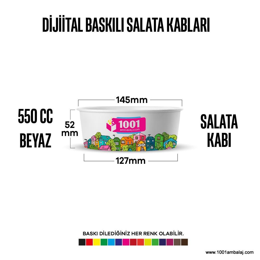 Dijital Baskılı 550 Cc Karton Salata kabı Beyaz