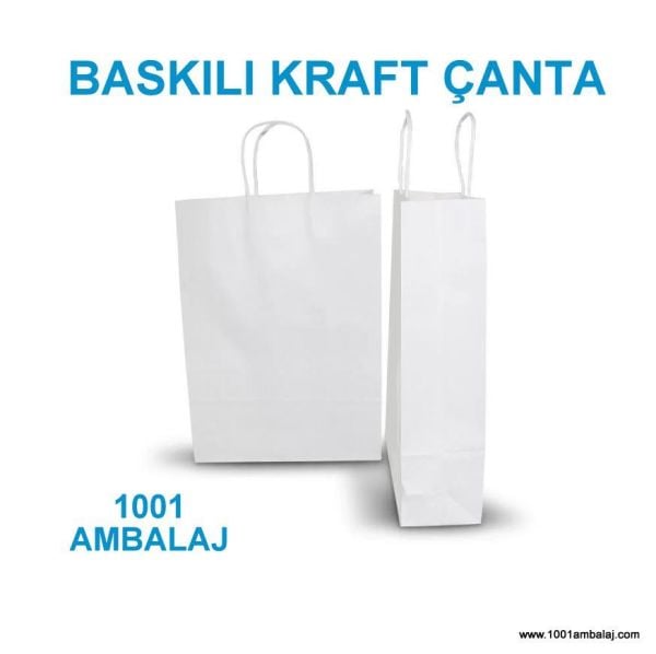 4 Renk Baskılı 19X8X24 Cm 90 Gr Kraft kağıt Çanta Beyaz Renk