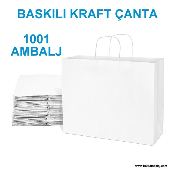 4 Renk Baskılı 19X8X24 Cm 90 Gr Kraft kağıt Çanta Beyaz Renk