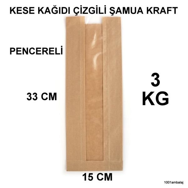Kese Kağıdı Çizgili Şamua Kraft Pencereli 15X33 3 Kilo