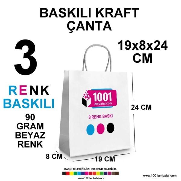 3 Renk Baskılı 19X8X24 Cm 90 Gr Kraft kağıt Çanta Beyaz Renk