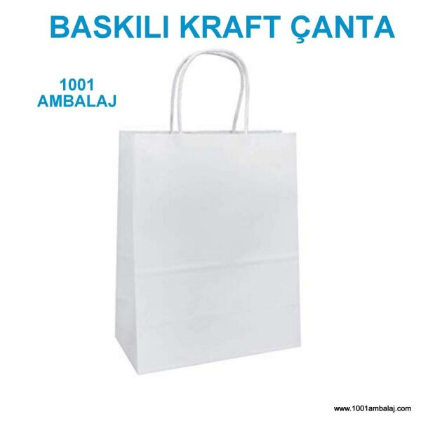 2 Renk Baskılı 22X10X26 Cm 90 Gr Kraft kağıt Çanta Beyaz Renk