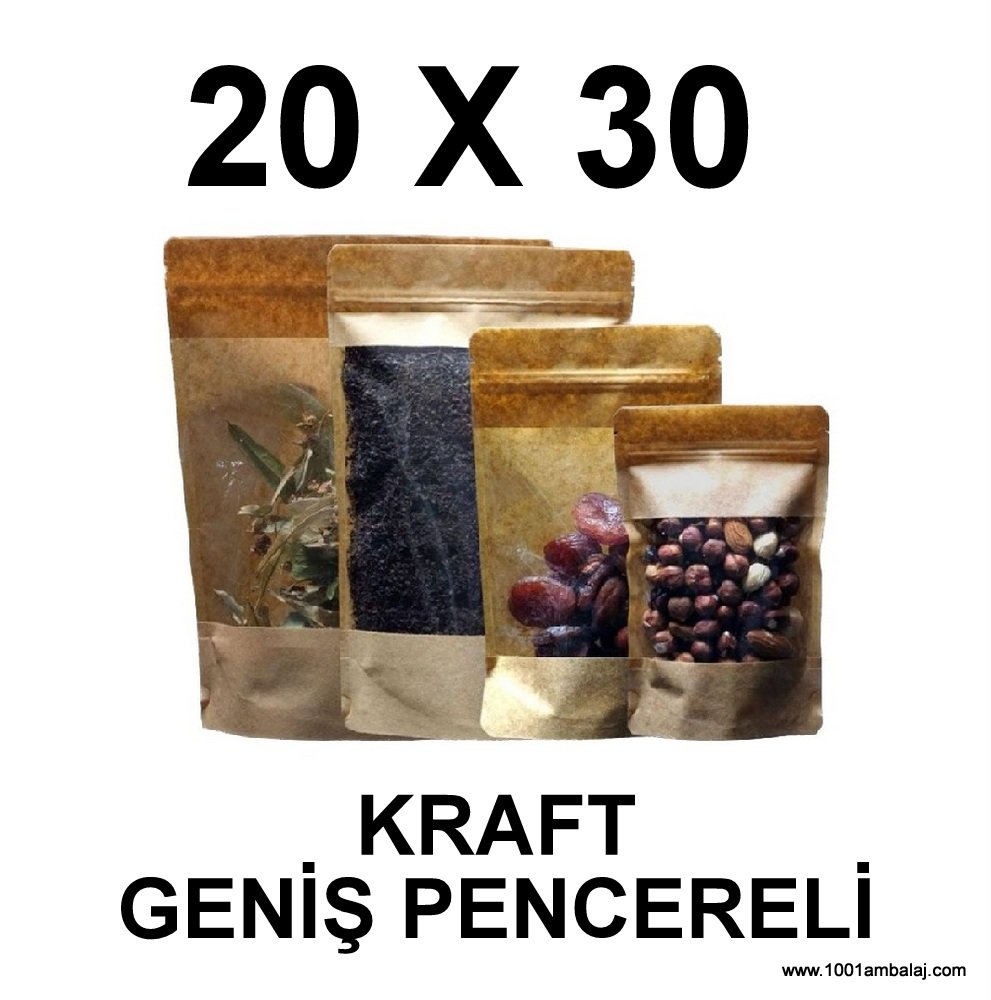 20X30 Cm Kraft Renk Doypack Torba Geniş Pencereli /47/