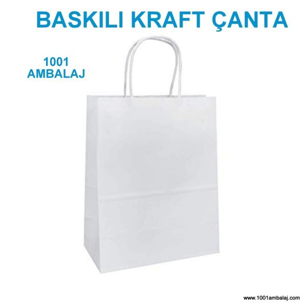 4 Renk Baskılı 25X12X31 Cm 90 Gr Kraft kağıt Çanta Beyaz Renk