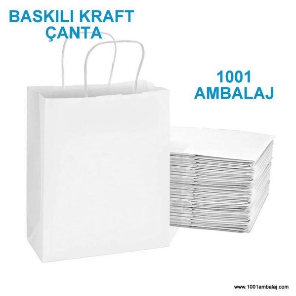 4 Renk Baskılı 25X12X31 Cm 90 Gr Kraft kağıt Çanta Beyaz Renk