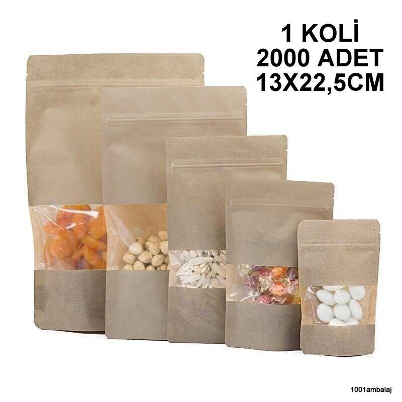 13X22,5 Cm Kraft Pencereli (1 Koli 2000 Adet) Kilitli Doypack Torba 250 Gr /39/