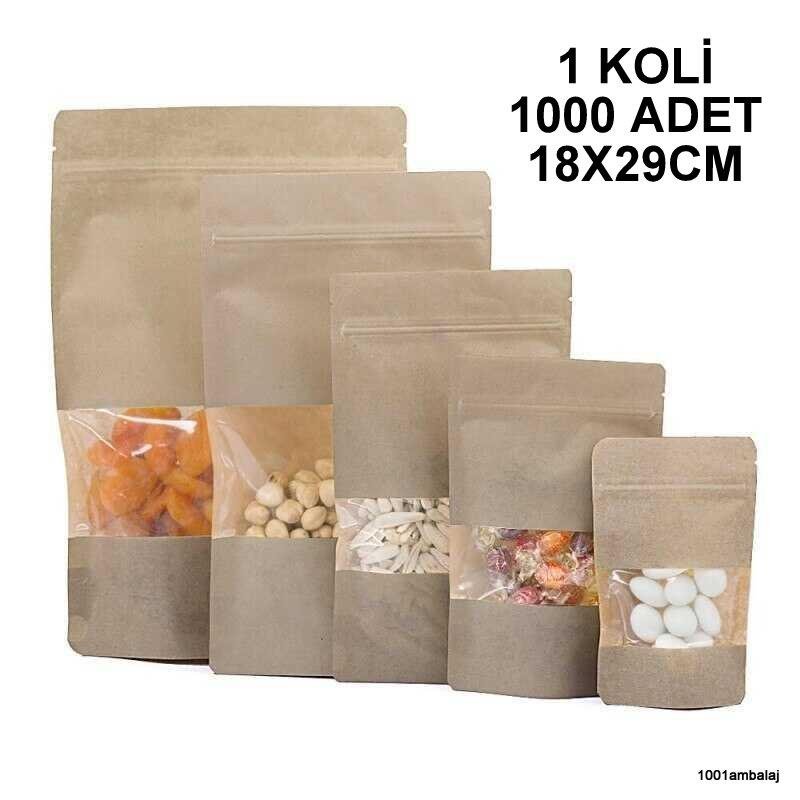 18X29 Cm Kraft Pencereli 1 Koli 1000 Adet Kilitli Doypack Torba 750 Gr /41/