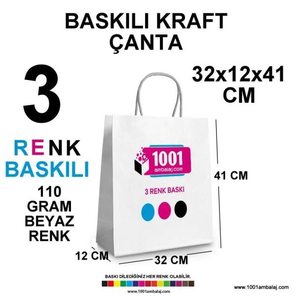 3 Renk Baskılı 32X12X41 Cm 110 Gr Kraft kağıt Çanta Beyaz Renk