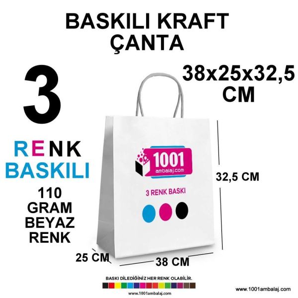 3 Renk Baskılı 38X25X32,5 Cm 110 Gr Kraft kağıt Çanta Beyaz Renk