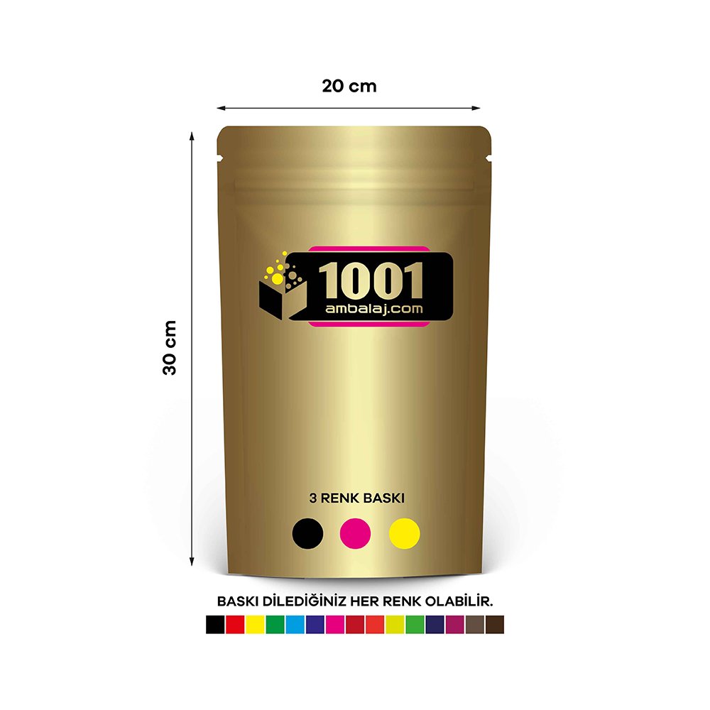 20X30 Cm 3 Baskılı Gold ( Altın ) Renkli Tek Taraf Üç Renk Doypack Torba 1000 Gr /24/