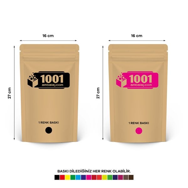 16X27 Cm 2 Baskılı Kraft Renkli İki Taraf Tek Renk Doypack Torba 500 Gr /33/