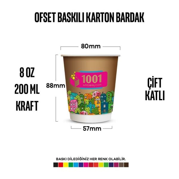 Ofset Baskılı 8 Oz Karton Bardak Çift Kat Duvarlı Kraft Sicak Soguk