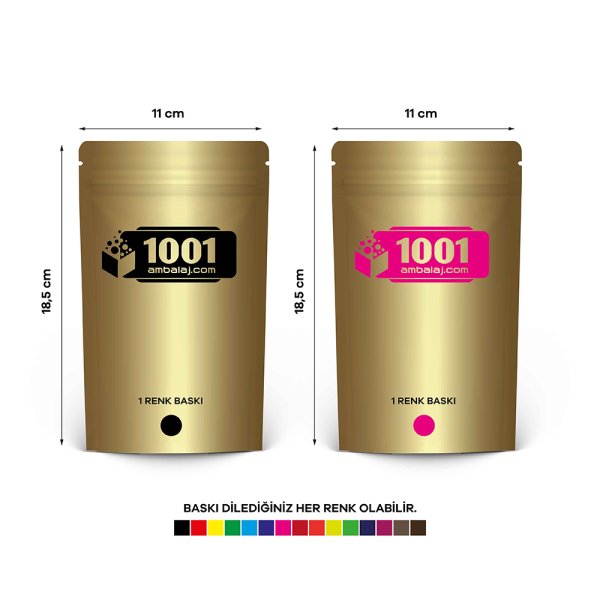 11X18,5 Cm 2 Baskılı Gold ( Altın ) Renkli İki Taraf Tek Renk Doypack Torba 100 Gr /21/