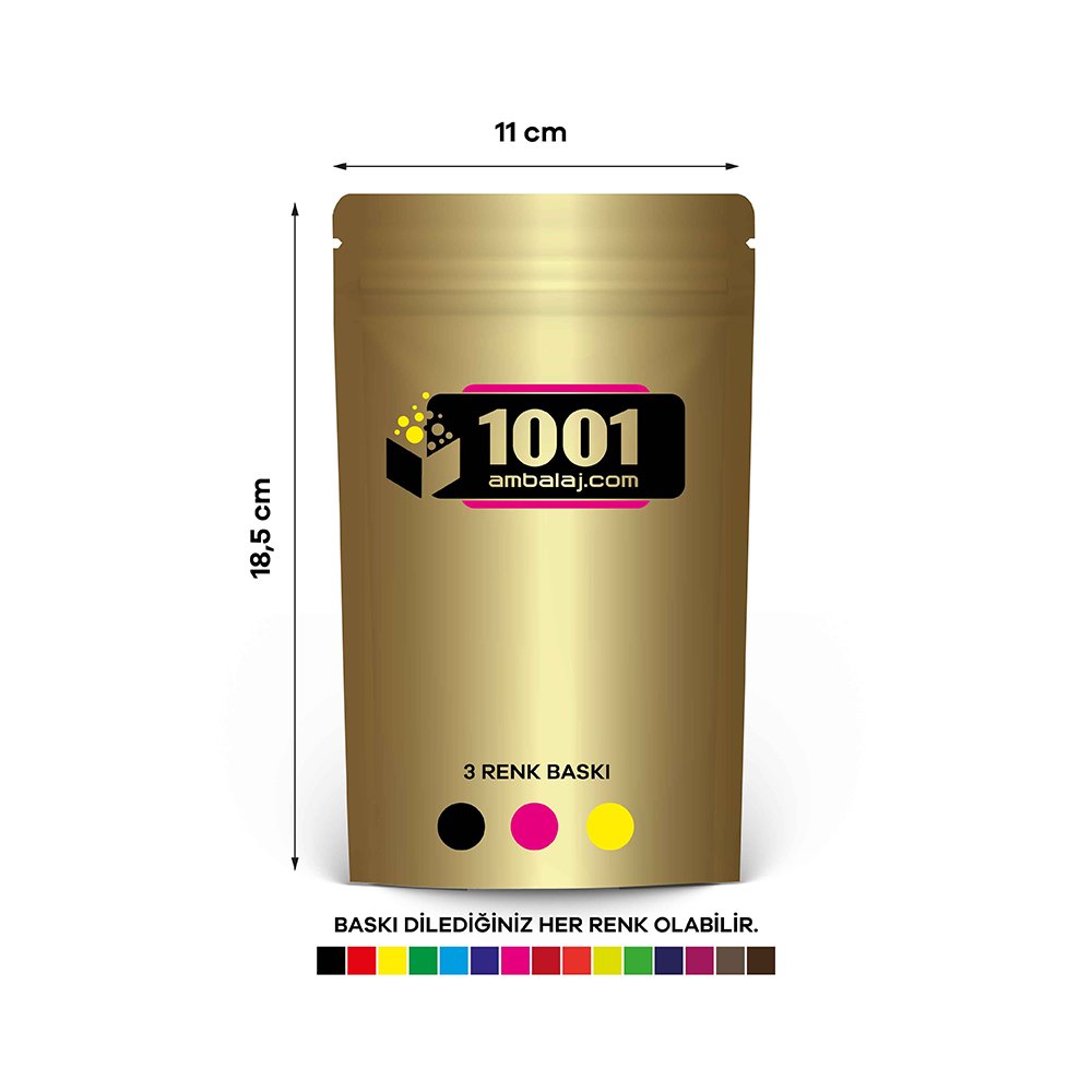 11X18,5 Cm 3 Baskılı Gold ( Altın ) Renkli Tek Taraf Üç Renk Doypack Torba 100 Gr /21/