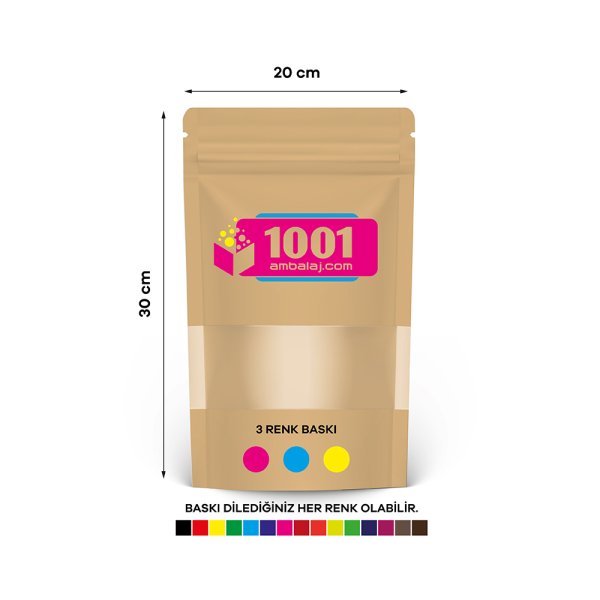 20X30 Cm 3 Baskılı Kraft Renkli Pencereli Tek Taraf Üç Renk Doypack Torba 1000 Gr /42/